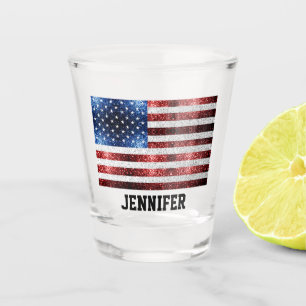 USA flag red white blue sparkles bling Custom name Shot Glass