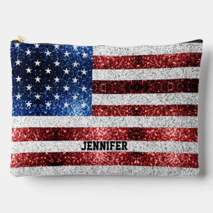 USA flag red white blue sparkles Custom name Accessory Pouch