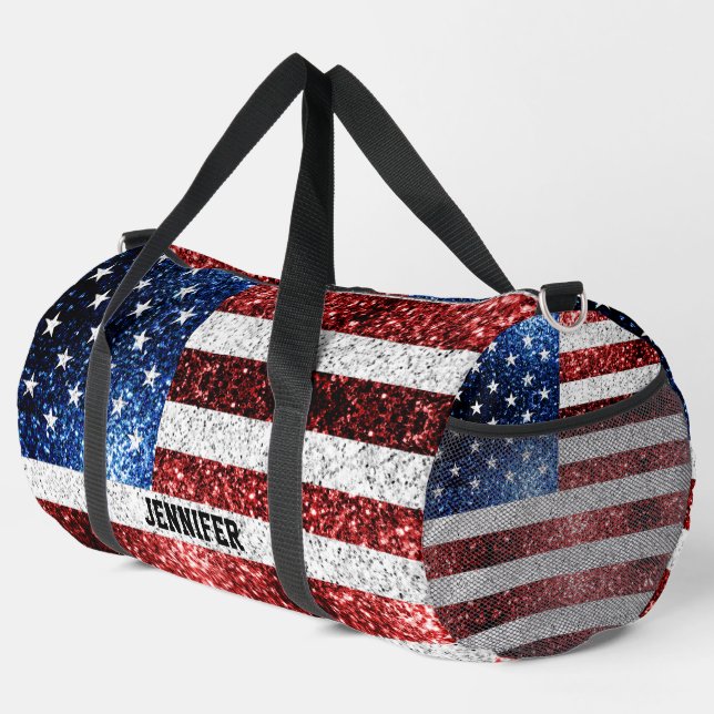 USA flag red white blue sparkles Custom name Duffle Bag (Right Corner)