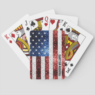 USA flag red white blue sparkles Custom name Playing Cards