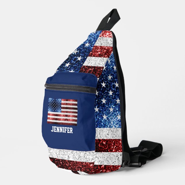 USA flag red white blue sparkles Custom name Sling Bag (Right Corner)