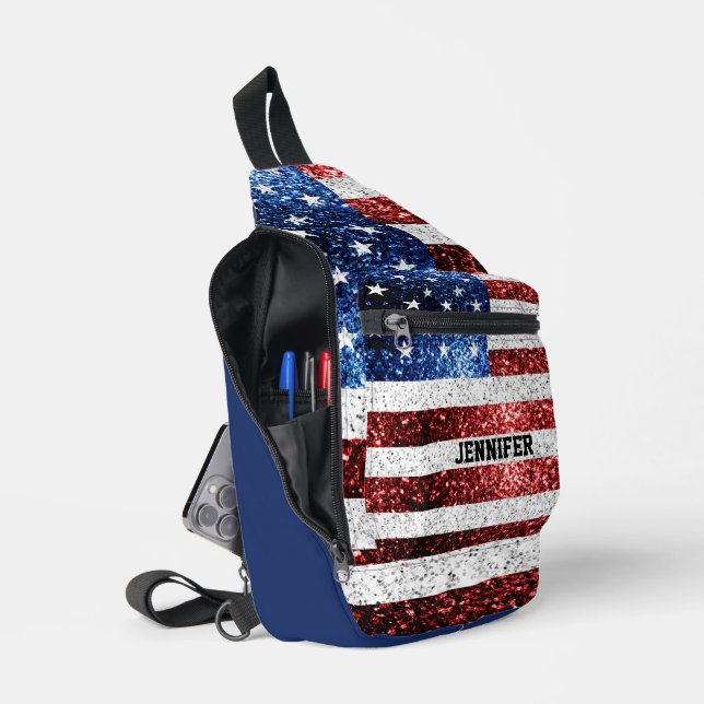 USA flag red white blue sparkles Custom name Sling Bag (Open)
