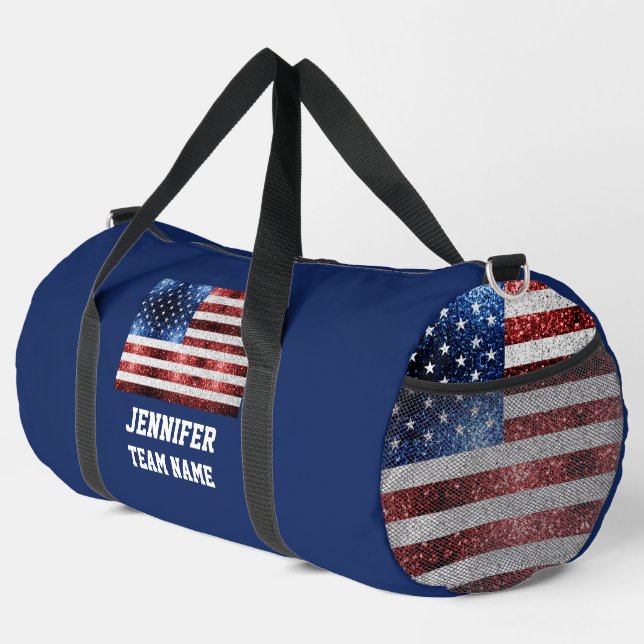 USA flag red white blue sparkles Custom team name Duffle Bag (Right Corner)