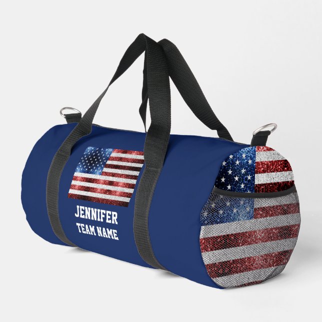 USA flag red white blue sparkles Custom team name Duffle Bag (Right Corner)