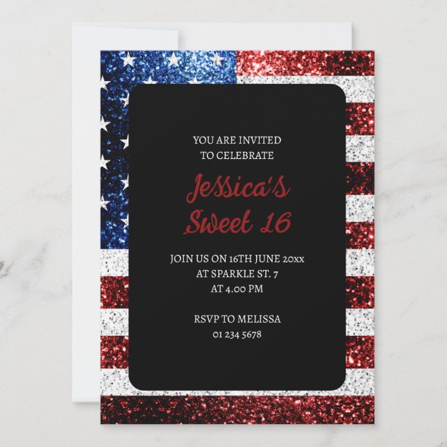 USA flag red white blue sparkles glitter Sweet 16 Invitation (Front)