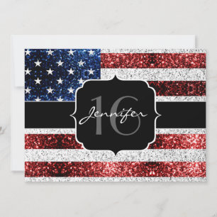 USA flag red white blue sparkles glitter Sweet 16 Invitation