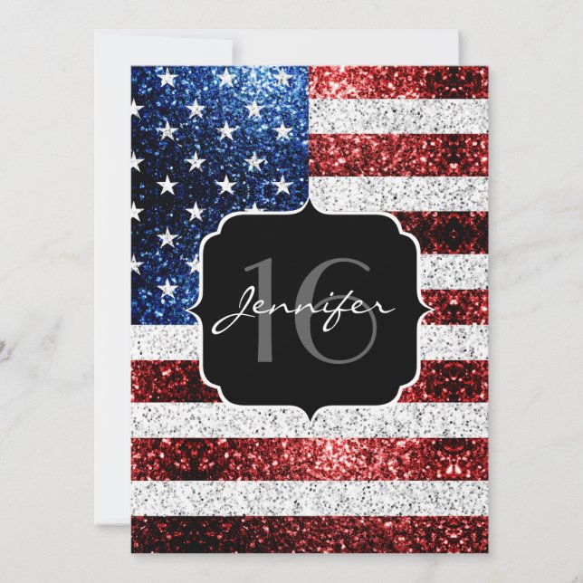 USA flag red white blue sparkles glitter Sweet 16 Invitation (Front)