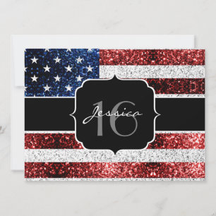 USA flag red white blue sparkles glitter Sweet 16 Invitation