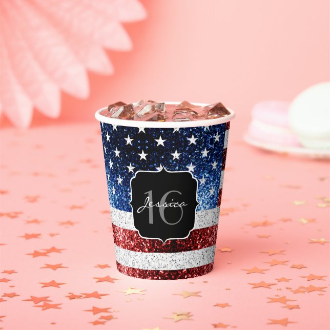 USA flag red white blue sparkles glitter Sweet 16 Paper Cups (Insitu)