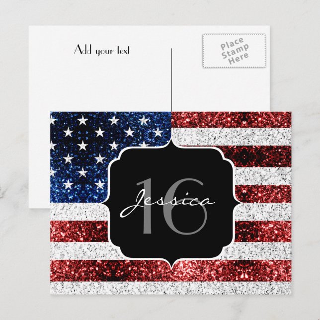 USA flag red white blue sparkles glitter Sweet 16 Postcard (Front/Back)