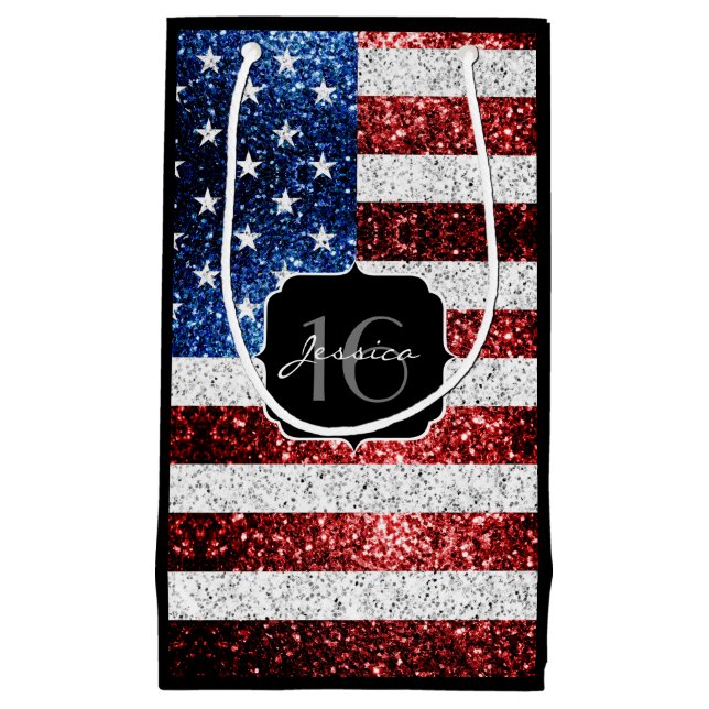USA flag red white blue sparkles glitter Sweet 16 Small Gift Bag (Front)
