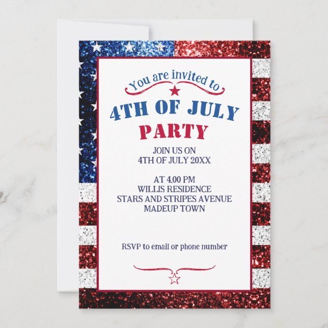 USA flag red white blue sparkles glitters 4th July Invitation (Front)