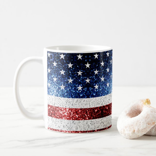 USA flag red white blue sparkles glitters Coffee Mug (With Donut)