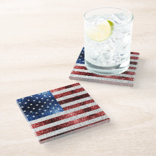 USA flag red white blue sparkles glitters Glass Coaster