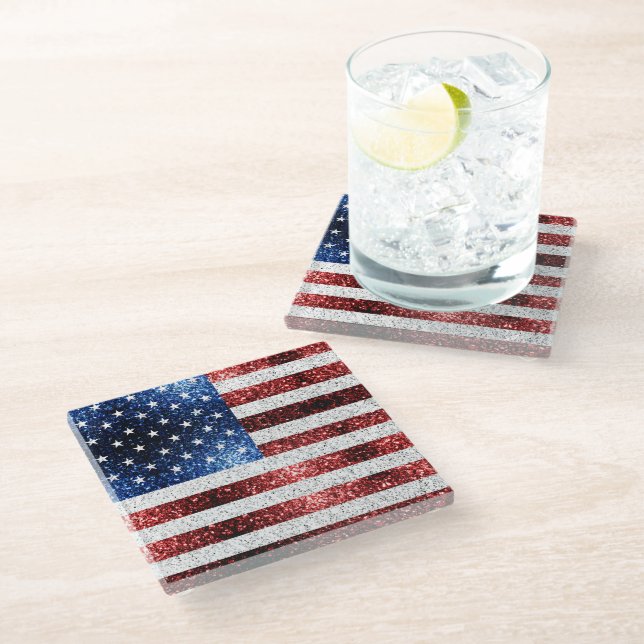 USA flag red white blue sparkles glitters Glass Coaster (Angled)