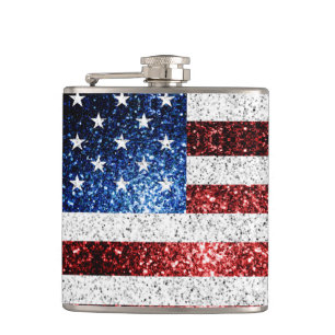 USA flag red white blue sparkles glitters Hip Flask