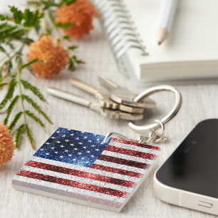 USA flag red white blue sparkles glitters Key Ring