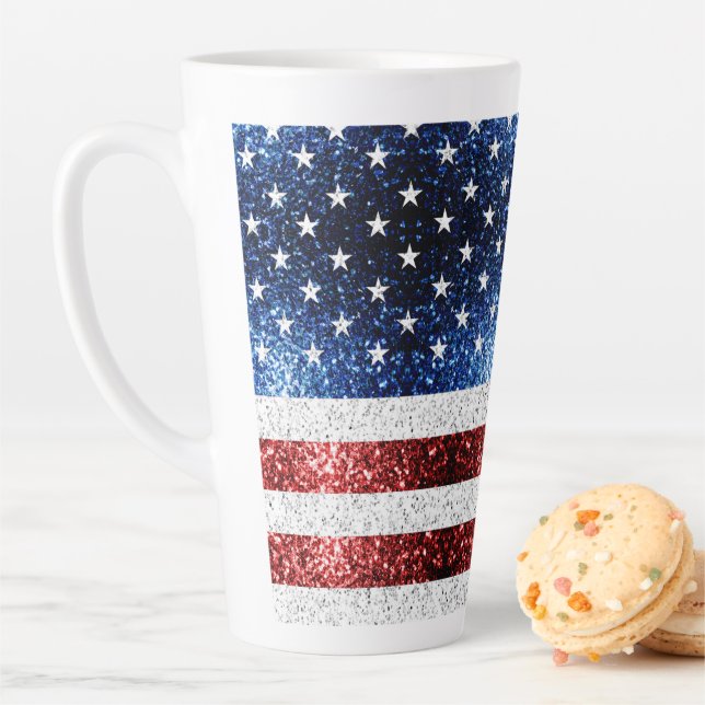 USA flag red white blue sparkles glitters latte Latte Mug (In Situ)