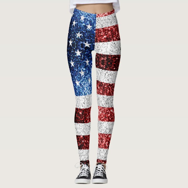 USA flag red white blue sparkles glitters Leggings (Front)