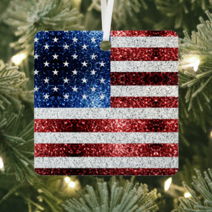 USA flag red white blue sparkles glitters Metal Tree Decoration