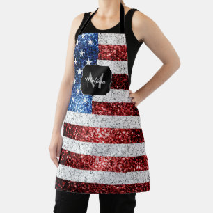 USA flag red white blue sparkles glitters Monogram Apron