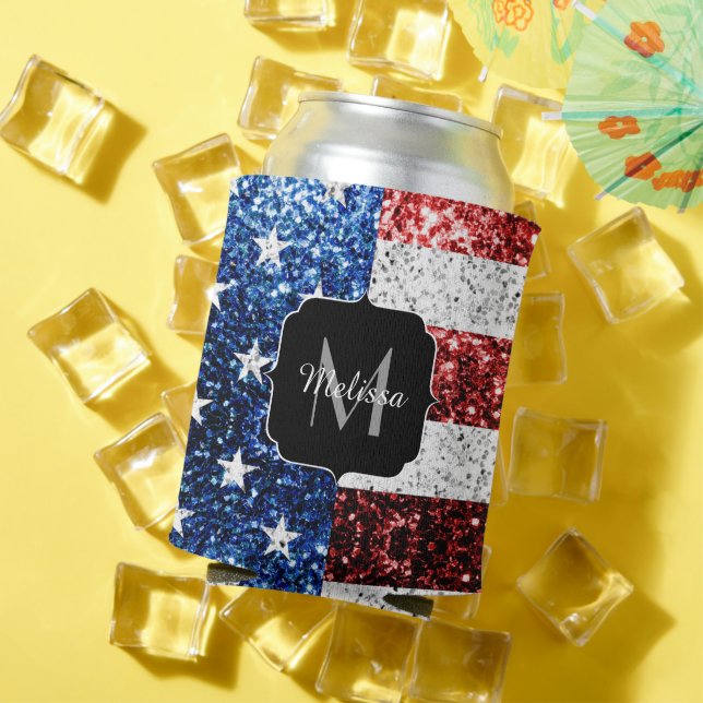 USA flag red white blue sparkles glitters Monogram Can Cooler (In Situ Summer)