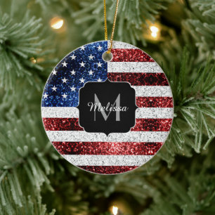 USA flag red white blue sparkles glitters Monogram Ceramic Tree Decoration