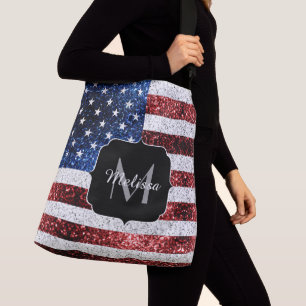 USA flag red white blue sparkles glitters Monogram Crossbody Bag