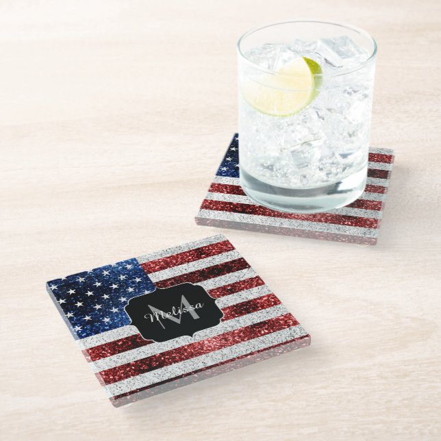 USA flag red white blue sparkles glitters Monogram Glass Coaster (Angled)