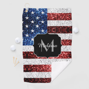 USA flag red white blue sparkles glitters Monogram Golf Towel