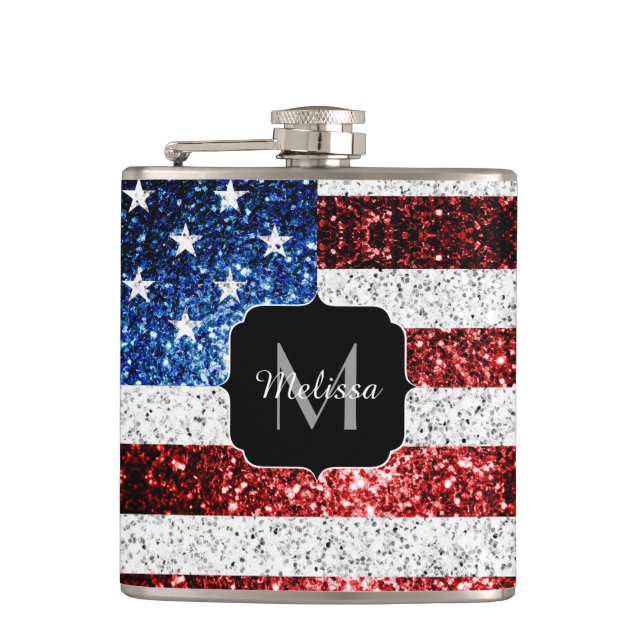 USA flag red white blue sparkles glitters Monogram Hip Flask (Front)
