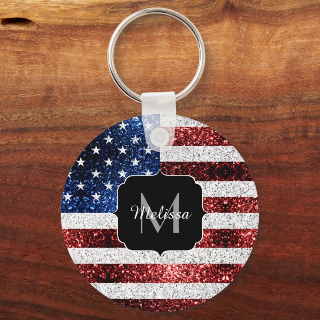 USA flag red white blue sparkles glitters Monogram Key Ring (Front)