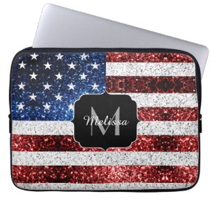 USA flag red white blue sparkles glitters Monogram Laptop Sleeve