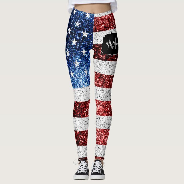 USA flag red white blue sparkles glitters Monogram Leggings (Front)