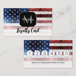 USA flag red white blue sparkles glitters Monogram Loyalty Card