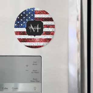 USA flag red white blue sparkles glitters Monogram Magnet