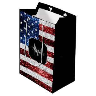 USA flag red white blue sparkles glitters Monogram Medium Gift Bag