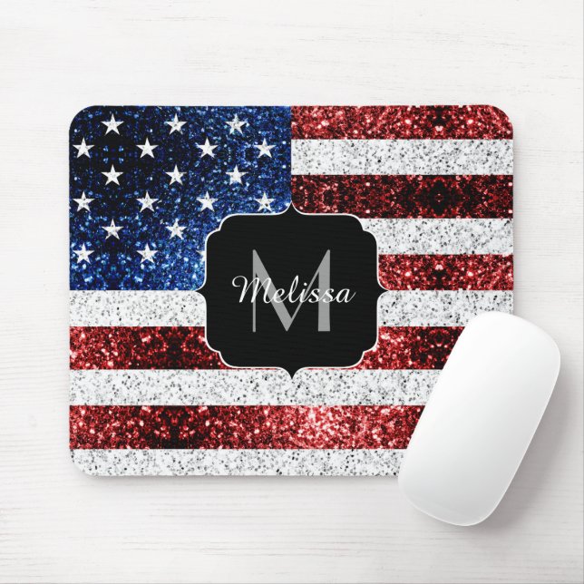 USA flag red white blue sparkles glitters Monogram Mouse Mat (With Mouse)