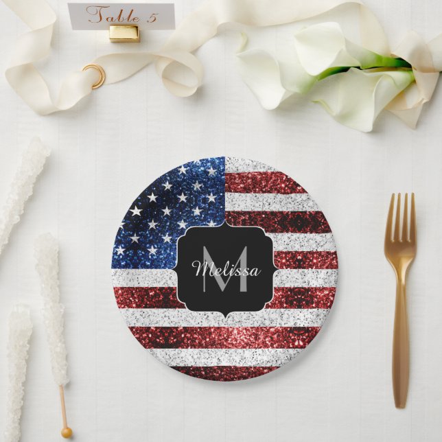 USA flag red white blue sparkles glitters Monogram Paper Plate (Wedding)