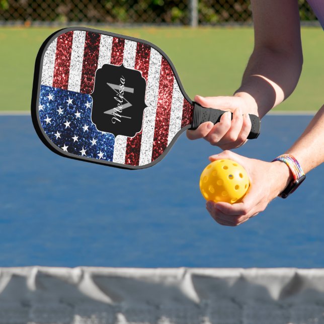 USA flag red white blue sparkles glitters Monogram Pickleball Paddle (Insitu)