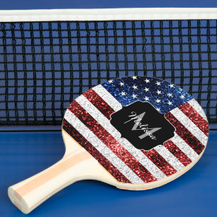 USA flag red white blue sparkles glitters Monogram Ping Pong Paddle