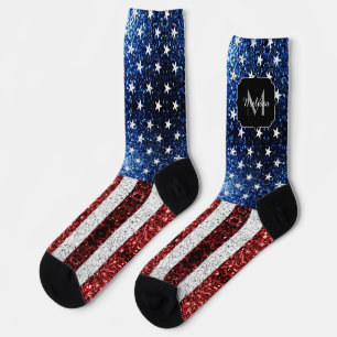 USA flag red white blue sparkles glitters Monogram Socks