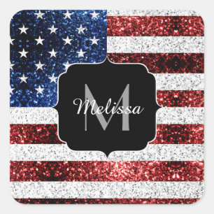 USA flag red white blue sparkles glitters Monogram Square Sticker