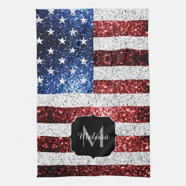 USA flag red white blue sparkles glitters Monogram Tea Towel (Vertical)