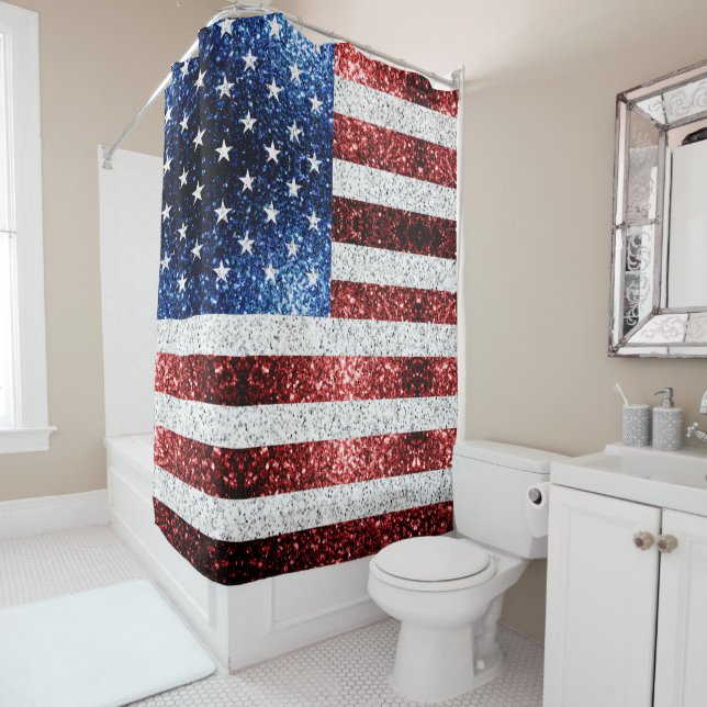 USA flag red white blue sparkles glitters Shower Curtain (In Situ)