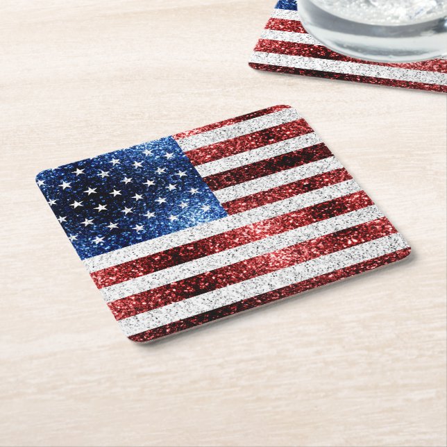 USA flag red white blue sparkles glitters Square Paper Coaster (Angled)