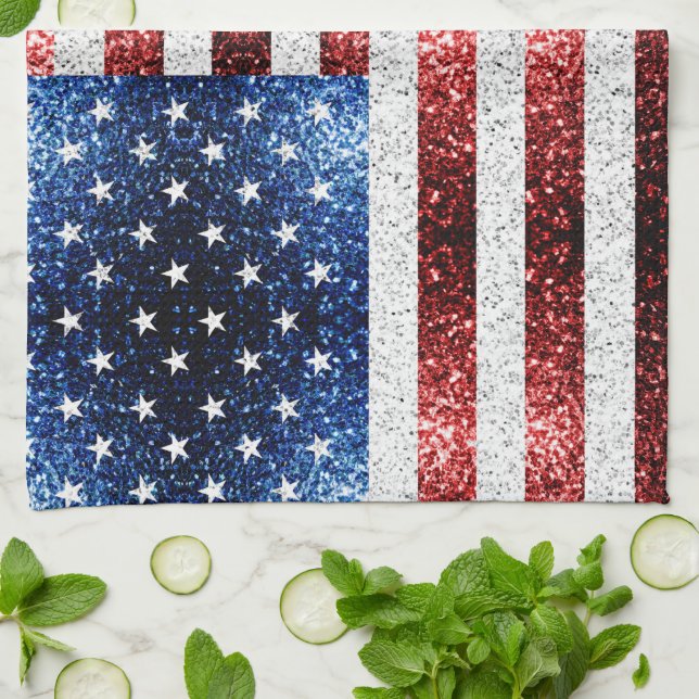 USA flag red white blue sparkles glitters Tea Towel (Folded)