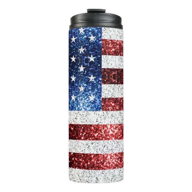 USA flag red white blue sparkles glitters Thermal Tumbler (Front)