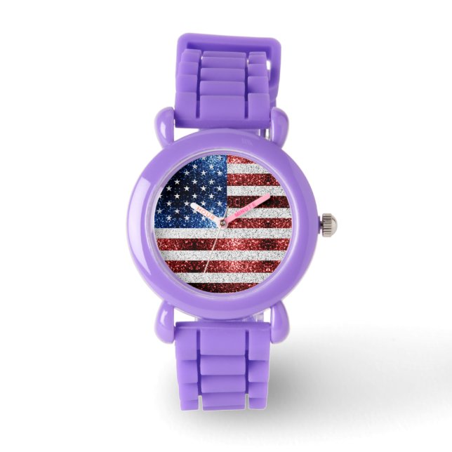 USA flag red white blue sparkles glitters Watch (Front)