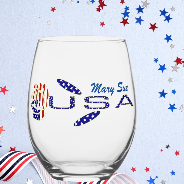 USA Flag Rose on Its Side Blue Personalised  Stemless Wine Glass (Creator Uploaded)